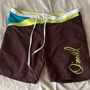 O'Neill Brown Board Shorts with Teal and Lime Accents